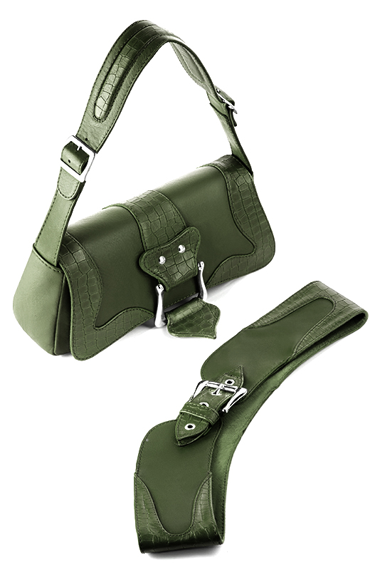 Forest green women's dress handbag, matching pumps and belts. Worn view - Florence KOOIJMAN
